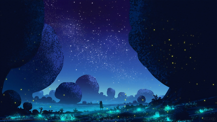Fantasy landscape with glowing plants and starry sky