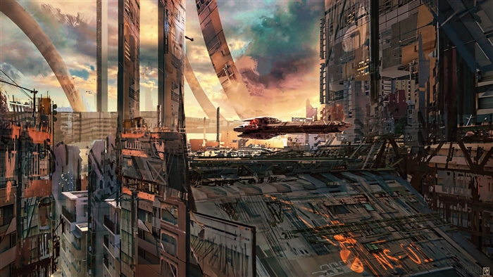Spaceship flying over a futuristic city with ring structures