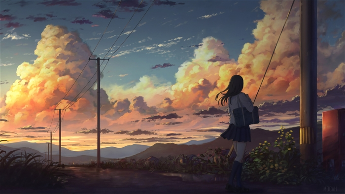 Anime girl with backpack under power lines at sunset 4K