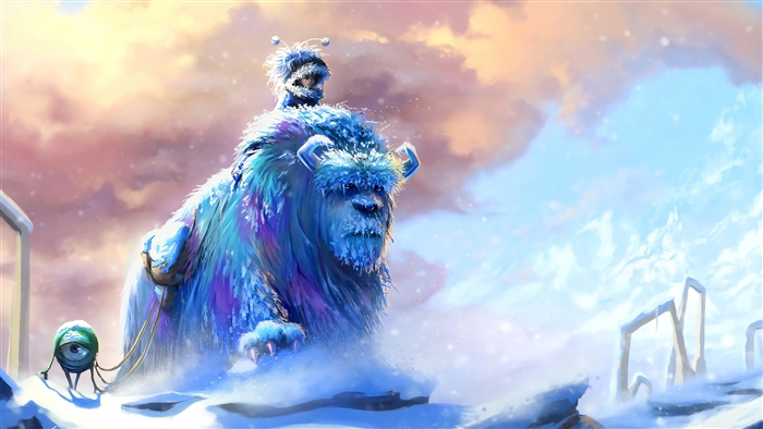 Sulley and Mike from Monsters, Inc. in a snowy landscape 4K