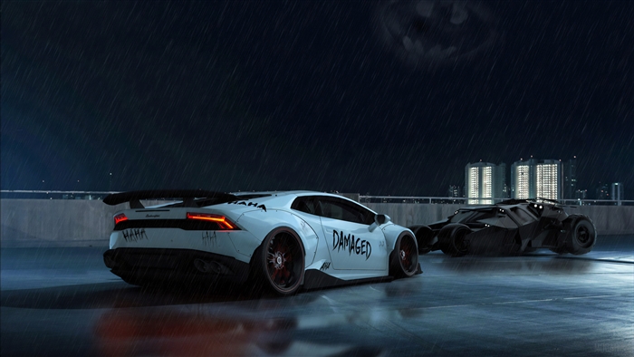 Joker's Lamborghini and Batmobile in the rain 4K