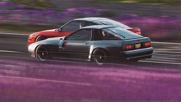 Two Mazda RX-7s racing in Forza Horizon 4K