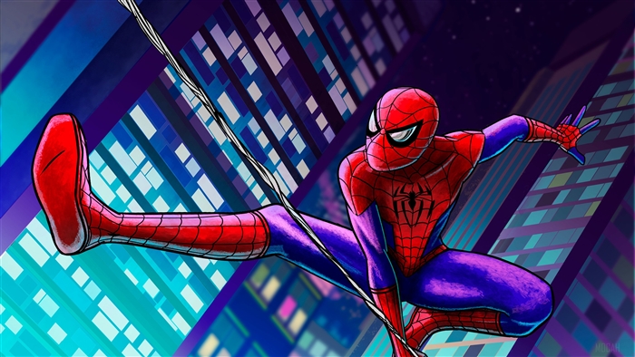 Spider-Man swinging through a city at night 4K
