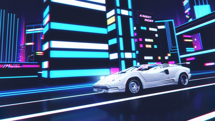 White Lamborghini Countach driving in neon city 4K