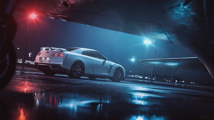 White Nissan GT-R under an airplane at night