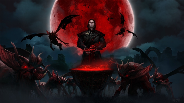 Geralt from The Witcher with monsters under a blood moon 4K