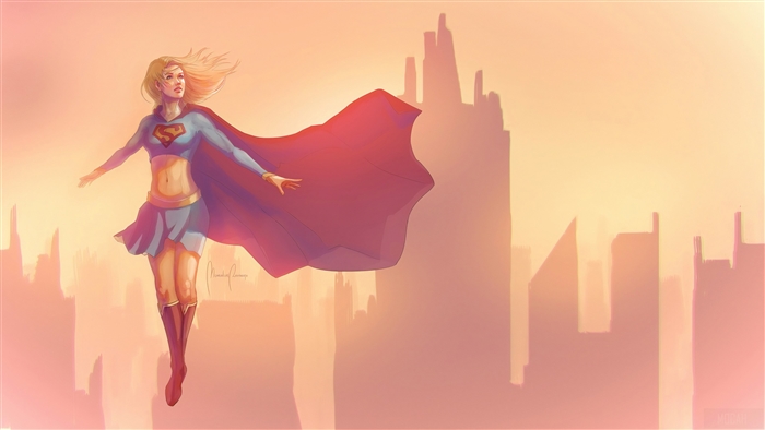Supergirl flying over a city skyline 4K