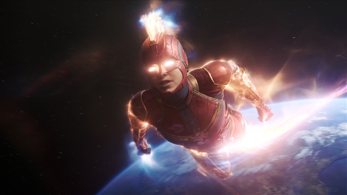 Captain Marvel flying in space over Earth 4K