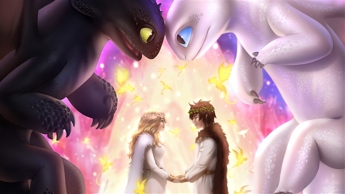Toothless and Light Fury with Hiccup and Astrid 4K