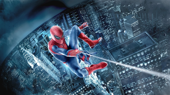The Amazing Spider-Man swinging through a city at night 4K