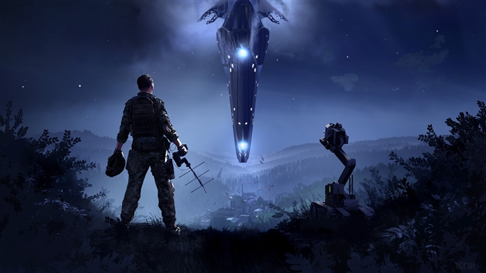 Soldier and robot observe alien ship in Arma 3 Contact 4K