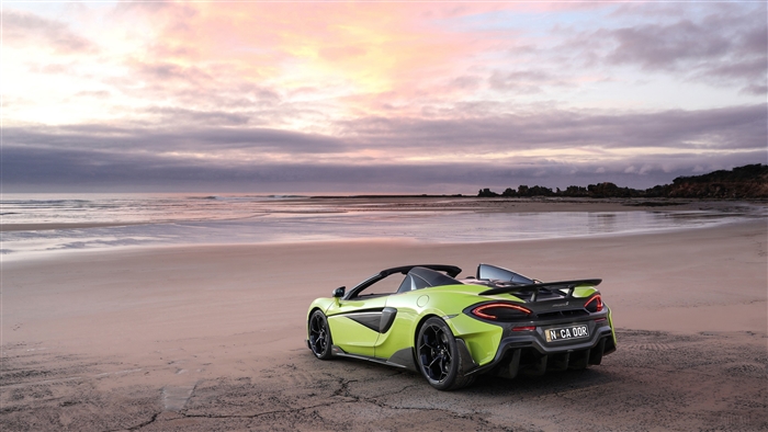 McLaren 600LT Spider on a beach at sunset