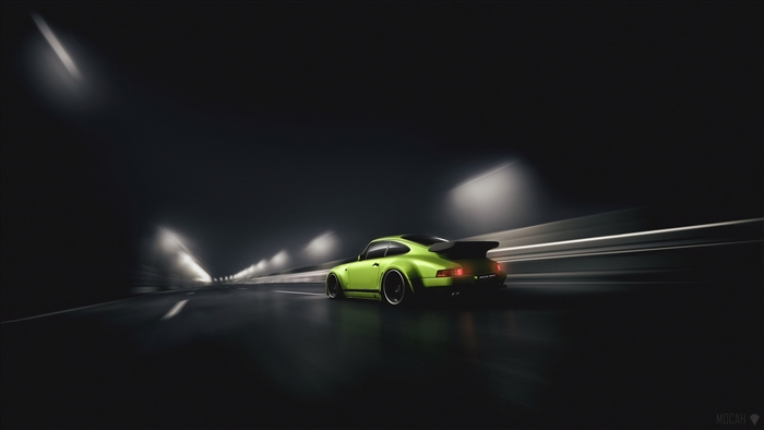 Green Porsche 930 driving through a dark tunnel 4K