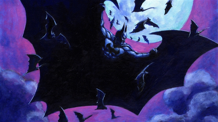Batman flying with bats and moon