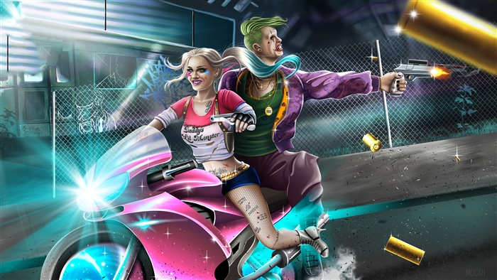 Harley Quinn and Joker on a motorcycle 4K