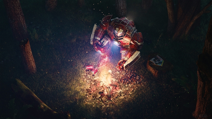 Hulkbuster roasting marshmallow over campfire in forest 4K