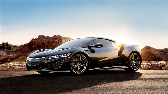 Black Acura NSX sports car in desert landscape 4K