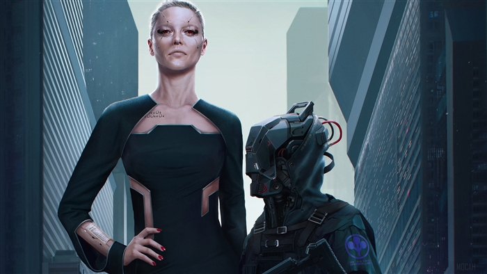 Woman and robot in Cyberpunk 2077 4K