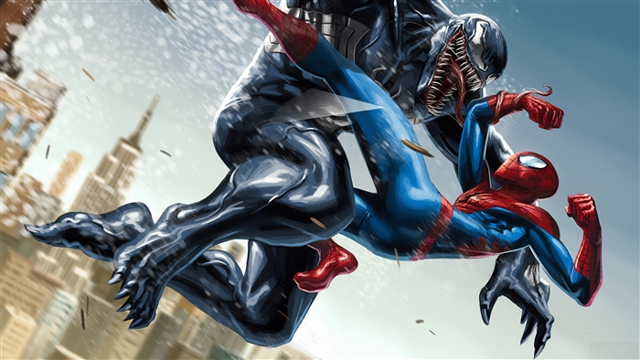 Venom and Spider-Man fighting in New York City 4K