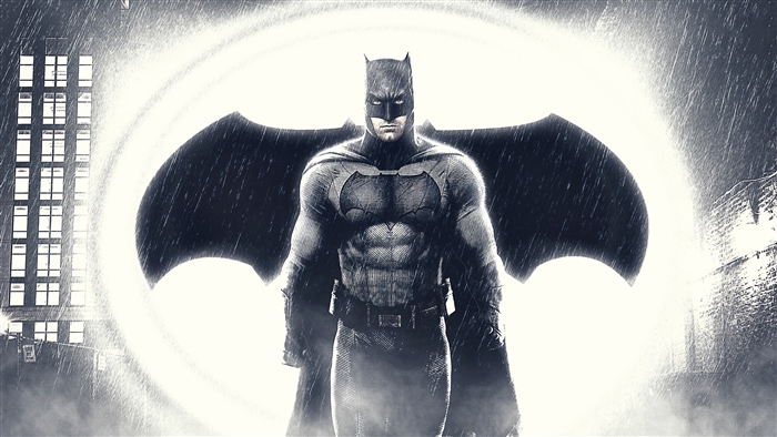 Batman in the rain with a city background