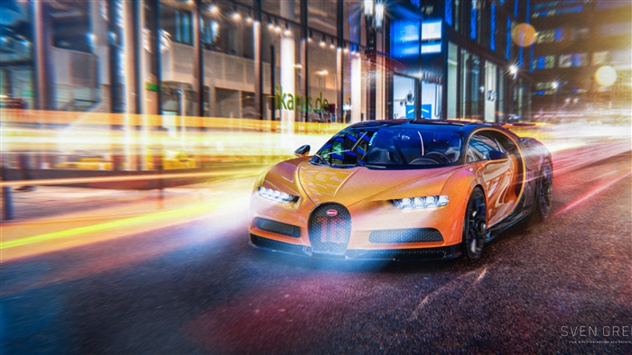 Orange Bugatti Chiron driving on city street at night 4K