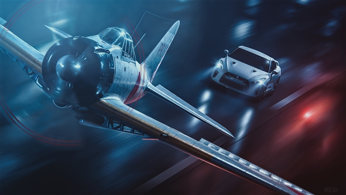 A6M2 Zero airplane and Nissan GTR 4K