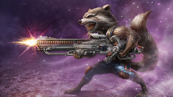 Rocket Raccoon from Guardians of the Galaxy firing a gun 4K