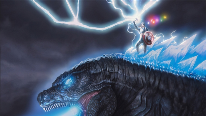 Captain America on Godzilla with Infinity Gauntlet and Mjolnir