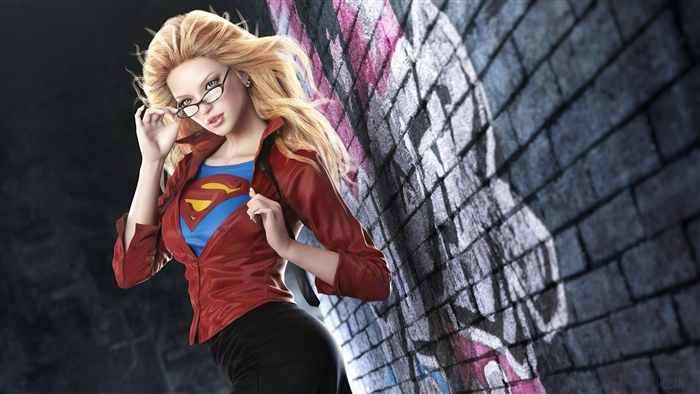 Supergirl from DC Comics in a red jacket and glasses
