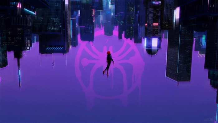 Miles Morales from Spider-Verse in a purple city