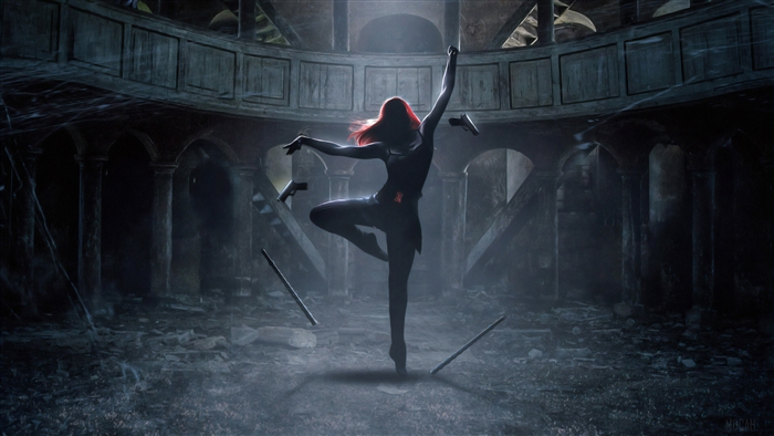 Black Widow performing a dance with weapons 4K