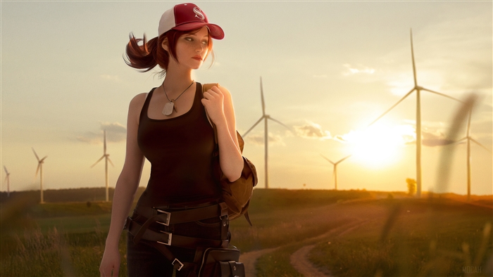 Girl in PUBG Cosplay with Windmills at Sunset 4K
