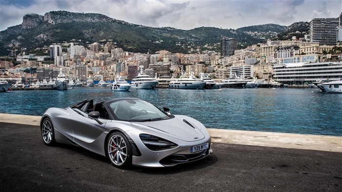 Silver McLaren 720S Spider in Monaco Harbor