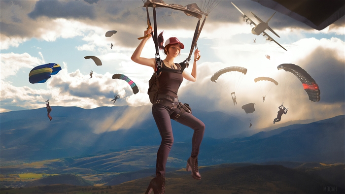 Woman skydiving with parachutes and airplane 4K
