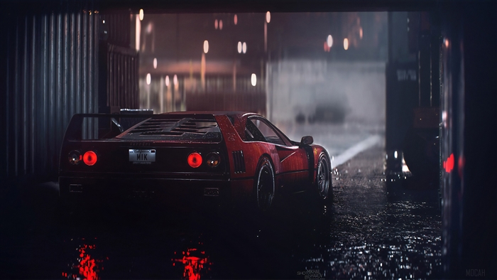 Red Ferrari F40 in the rain 4K