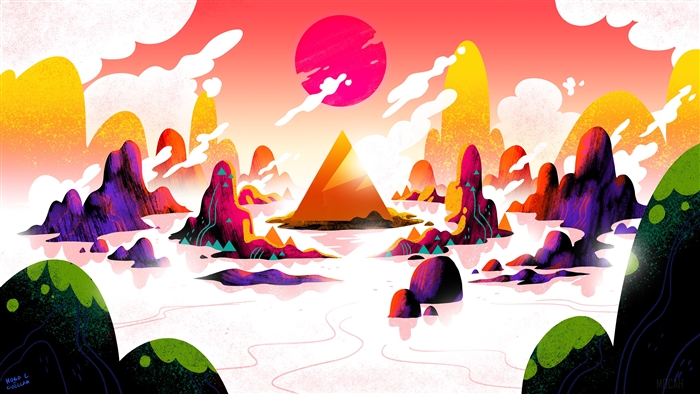 Surreal landscape with pyramid and mountains 4K