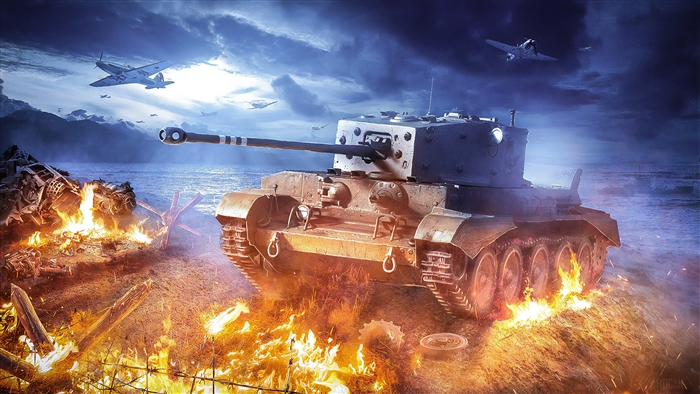Tank on fire with planes in the sky 4K