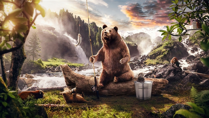 Bear fishing with a waterfall and mountains in the background 4K