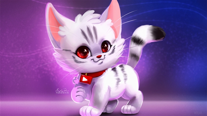 Cute white cat with red collar and YouTube logo 4K