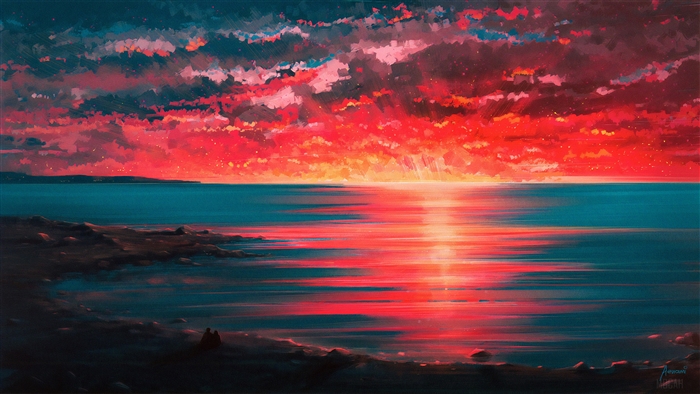 Sunset over the sea with two people on the shore