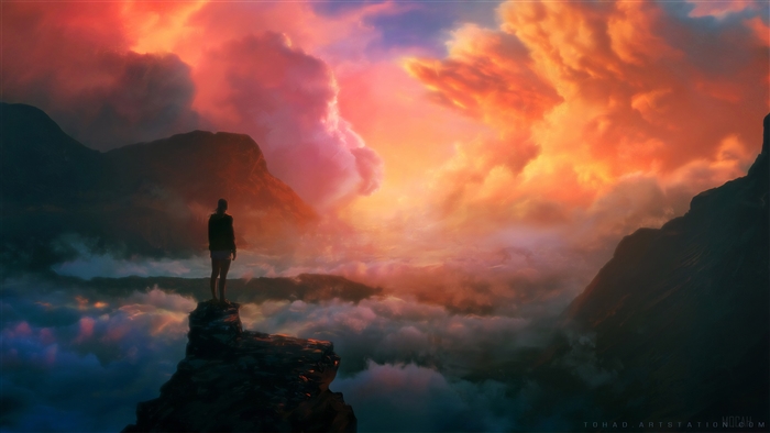 Man on cliff overlooking clouds at sunset 4K
