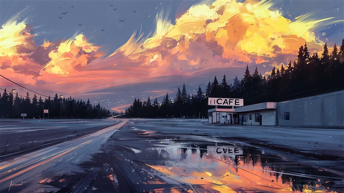 Cafe by the Road at Sunset 4K