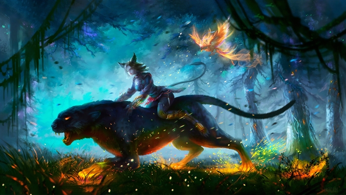 Cat-like girl riding a panther in a magical forest