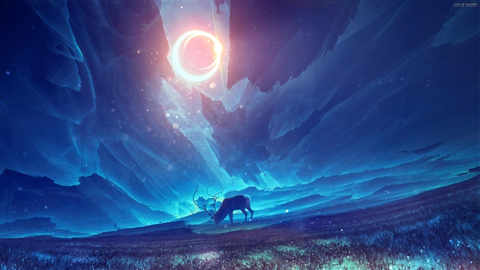 Reindeer in a surreal landscape with a ringed sun