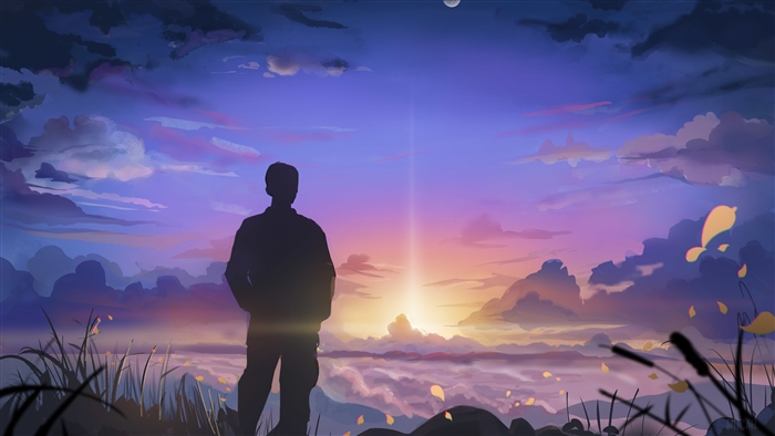 Silhouette of a person watching a sunset 4K