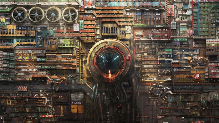 Cyberpunk Cityscape with Central Eye Structure 4K
