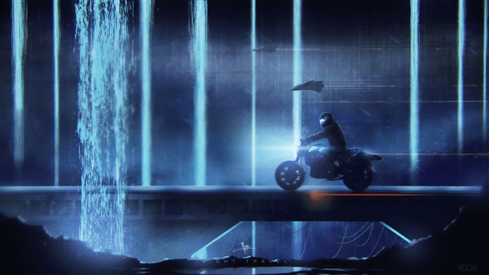 Motorcyclist on a bridge with futuristic lights