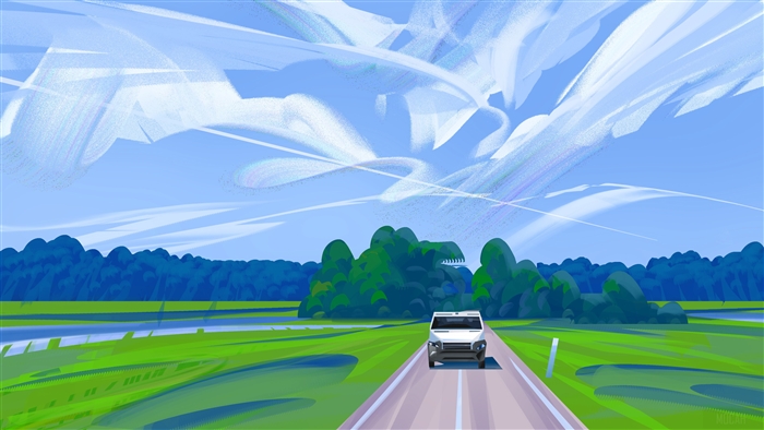 White vehicle on a road with green landscape and clouds