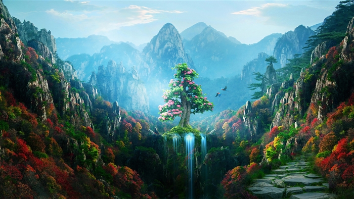 Magical Forest with Waterfall and Mountains 4K