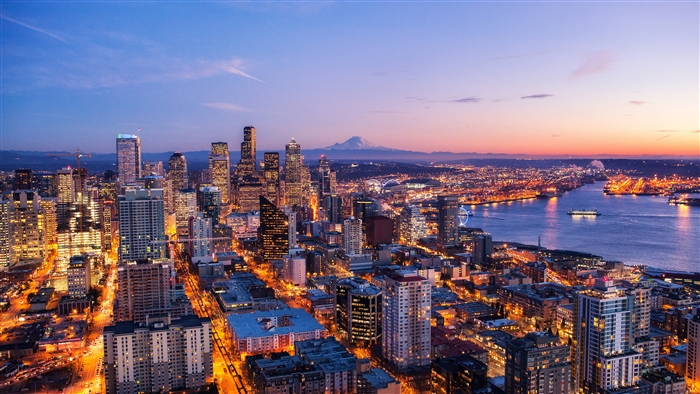 Seattle Skyline at Dusk with Mount Rainier